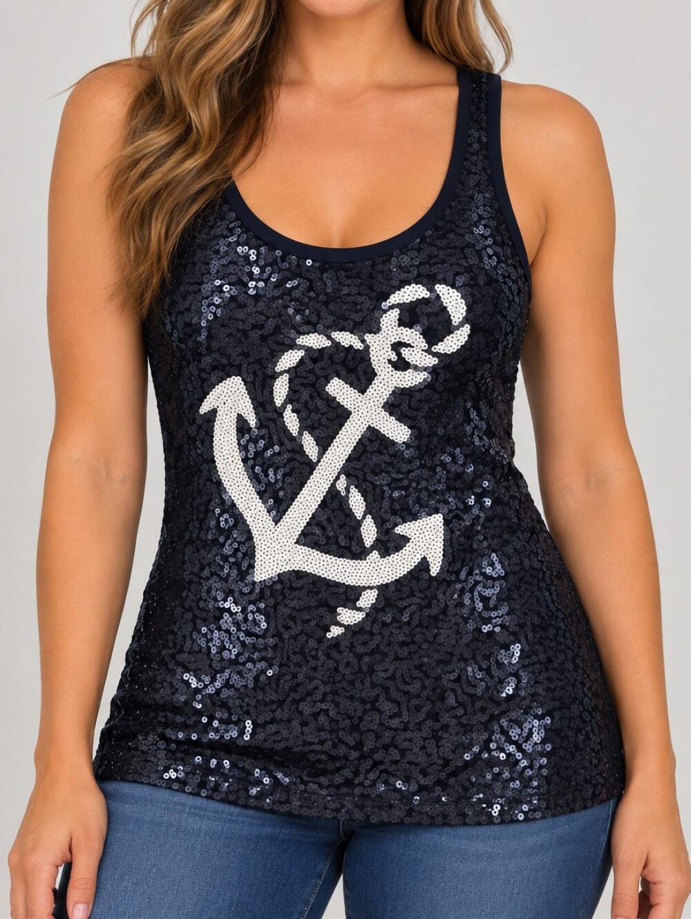 OLD NAVY Women’s Navy Blue Sequin Anchor Graphic Tank Top Size M